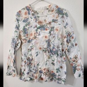 St. Tropez West Linen Tunic Top Women Siize Large Ivory Colorful Floral Popover
